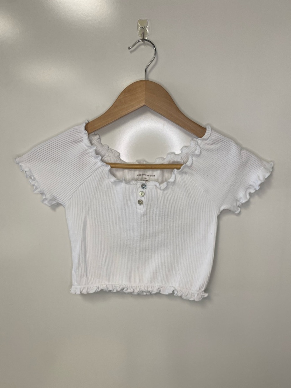 Anthropologie White Ribbed Ruffle Henley Crop Top